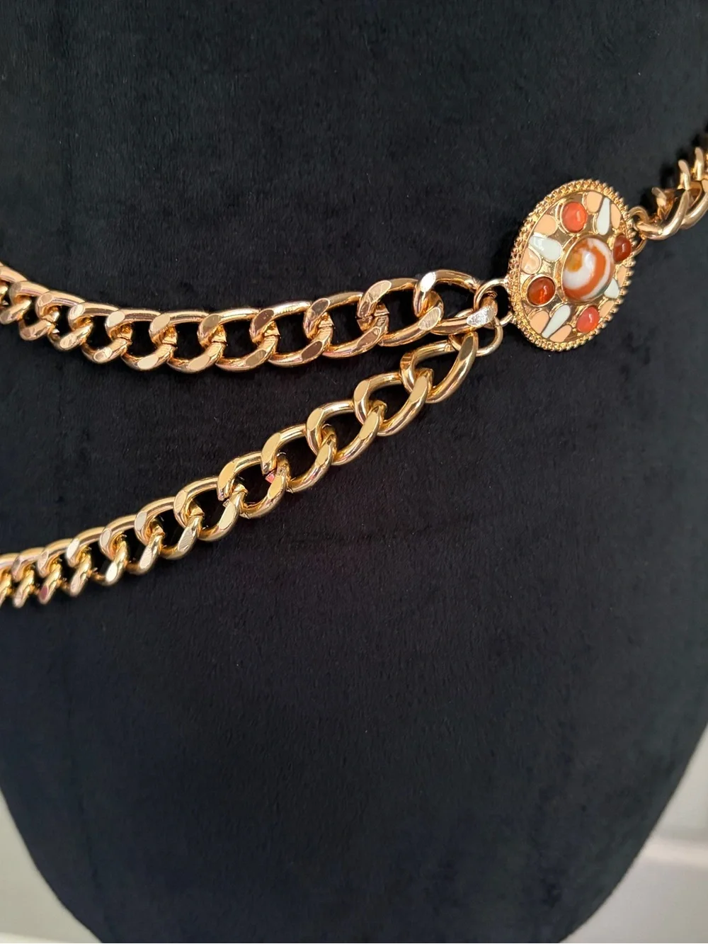 Haute Hippie Gold Chain Belt with Coral and Turquoise Medallion